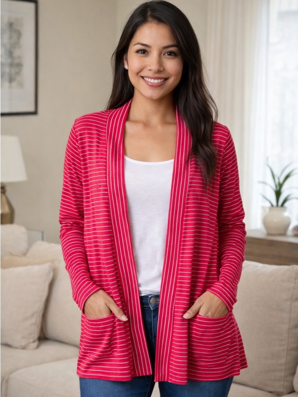 J. Crew Red and golden Striped Open-Front‎ Cardigan (120)